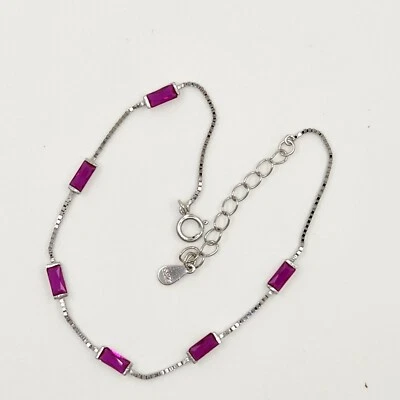925 Sterling Silver 2.5x5mm Ruby Emerald Shape Bracelet Box Chain 6.5-7.5" - Image 1 of 3