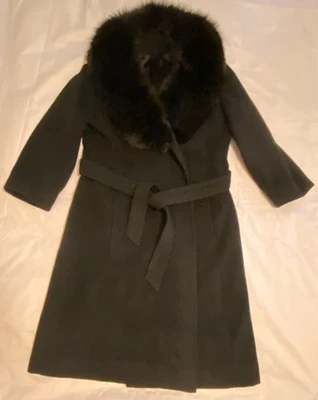 ¡De colección! Abrigo envolvente negro de cachemir Regency con cuello de piel de zorro largo completo pequeño ¡EXCELENTE ESTADO USADO! Foto 1 de 4