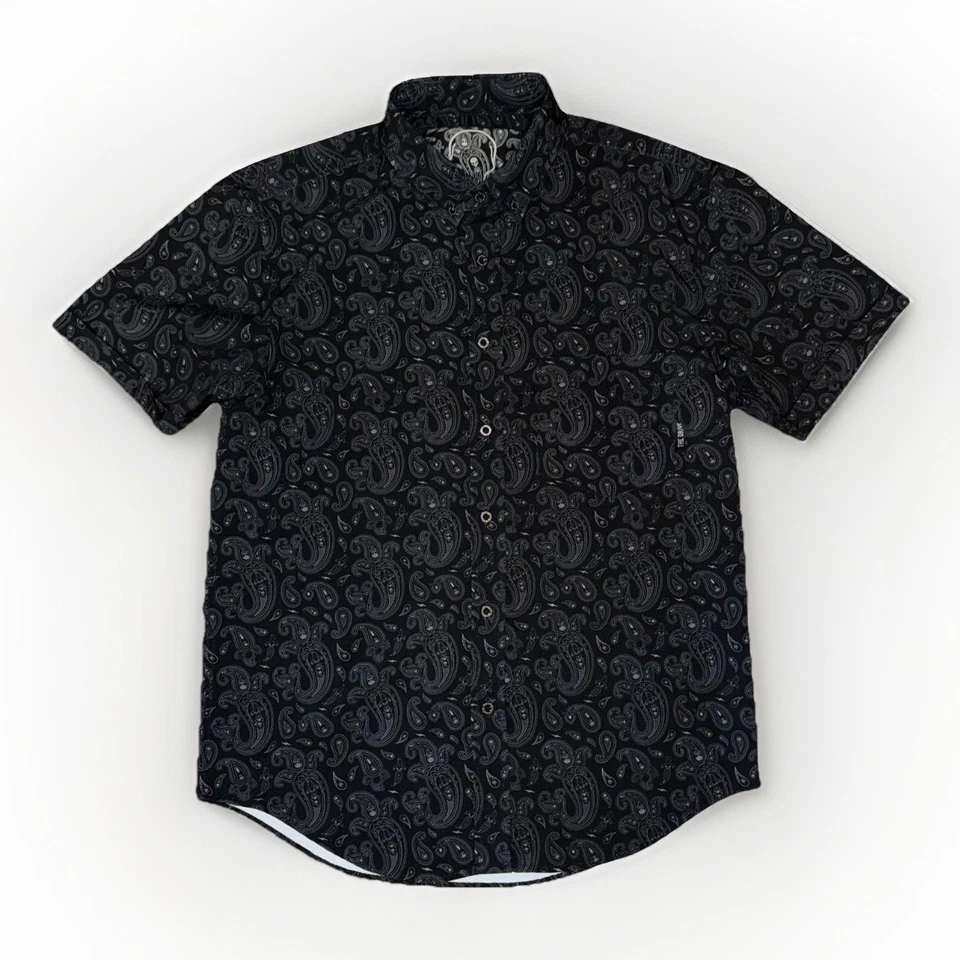 Camisa The Drive Satén Abotonada Negra Paisley Estampado Calavera Manga Corta Mediana Foto 1 de 3