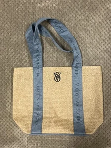 Victoria's Secret Straw Beach Tote Bag Large Weekender Travel Logo Blue Beige - Picture 1 of 8