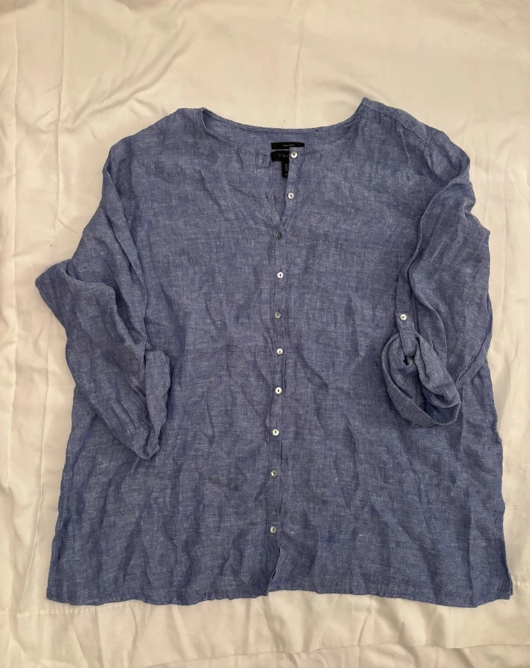 Tahari 亚麻束腰上衣女式 3X 码纽扣卷片蓝色 — 第 1/4 张图片