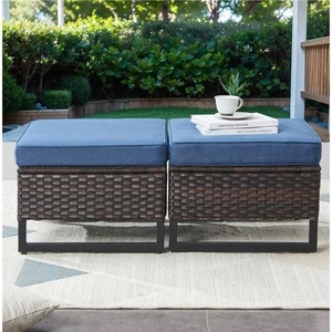 2-Pack Brown Wicker Outdoor Ottoman Steel Frame Footstool with Removable Blue - Picture 1 of 6