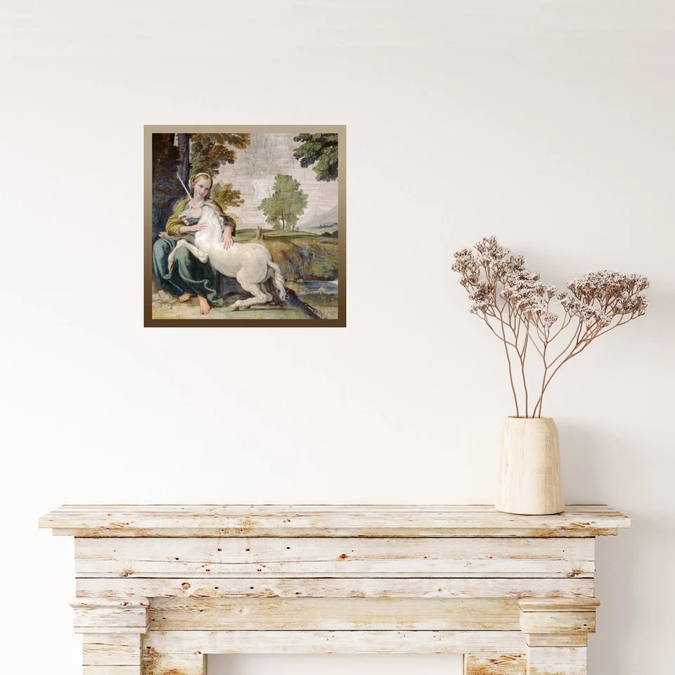 Impresión artística de azulejo de lienzo de imagen antigua de dama con un unicornio 8x8 Foto 1 de 1
