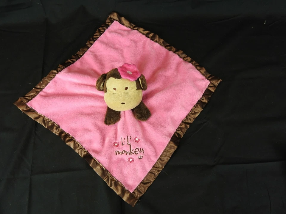 Manta de seguridad Baby Essentials 'Lil Monkey' chimpancé rosa y marrón sonajero 12"x12" Foto 1 de 4