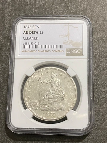 1875-S Trade Dollar $1 NGC AU Details Cleaned Cover