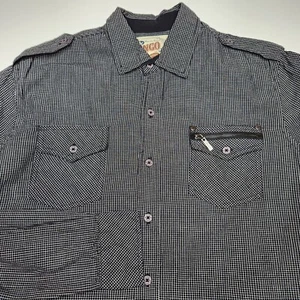 JNCO Mens Medium Button Up Flip Cuff Zip Pocket Black Check Plaid Y2K Rockabilly - Picture 1 of 10
