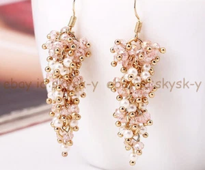 4mm Round White Shell Pearl 3x4mm Faceted Pink Crystal Dangle Gold Hook Earrings - Picture 1 of 6