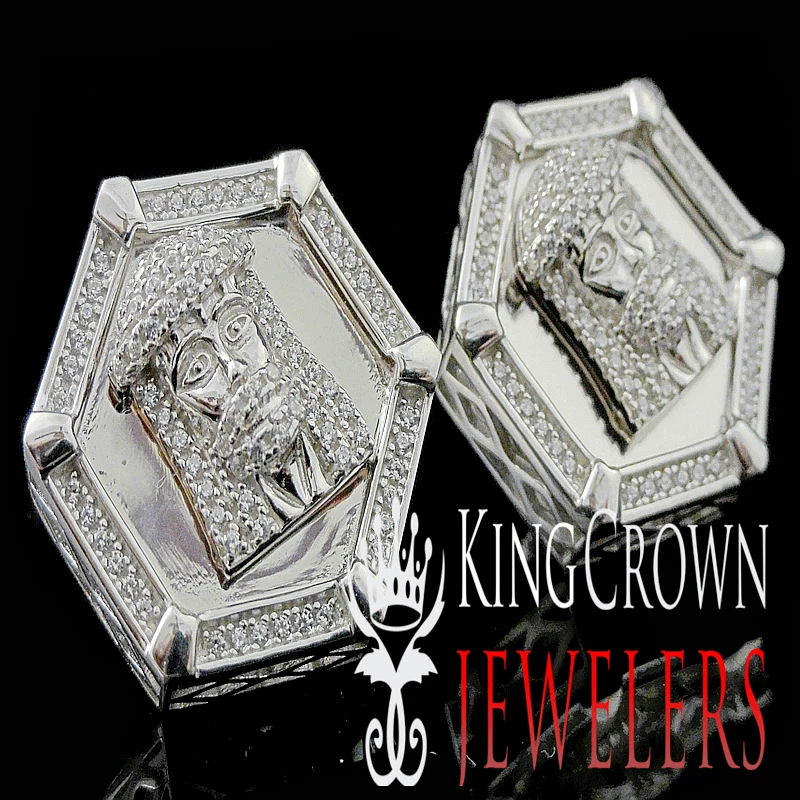 14k White Gold On Real Silver Big Look Rapper Style Jesus Face Earring Studs - Imagem 1 de 1