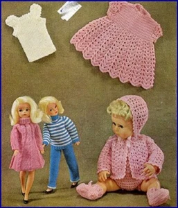 Dolls Clothes vintage Knitting Pattern Copy 4 ply Trouser Suit Cable Dress - Picture 1 of 2