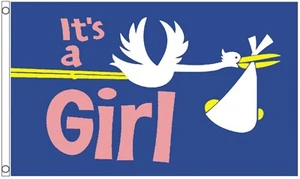Baby Shower Mädchen Storch Polyester 5'x3' Flagge - Bild 1 von 3