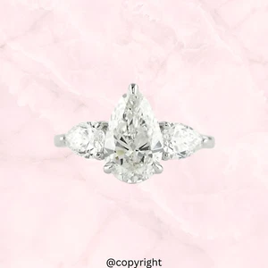 Certified 1.90 TCW Pear Lab Grown Diamond 14K Gold Three Stone Classic Ring - Picture 1 of 4