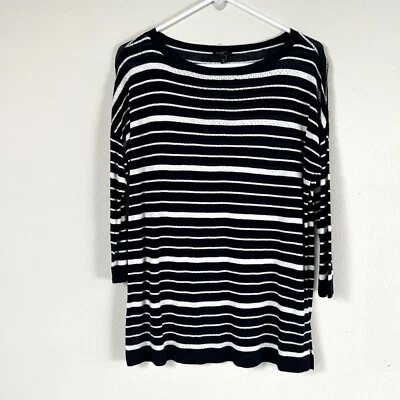 Talbots 毛衣女式 Petite L LP 蓝色白色条纹亚麻粘纤 3/4 袖 — 第 1/4 张图片