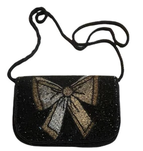 Vtg Destinee Black Beaded Evening Bag Shoulder Strap Bow Design Silver Gold - Picture 1 of 12