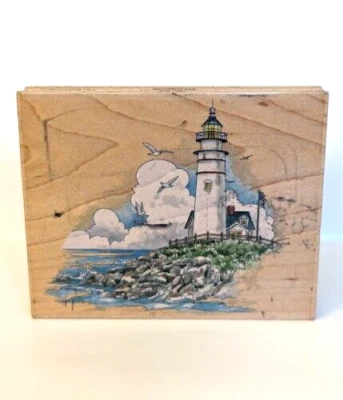 Estampillas Happen faro playa escena sello de goma montado en madera Foto 1 de 4