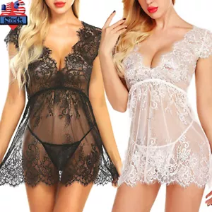 Sexy-Lingerie Womens Lace Deep-V Teddy Babydoll Ladies Sheer Eyelash Nightdress - Picture 1 of 26