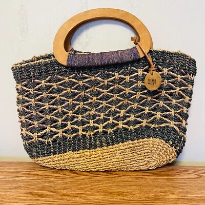 Nine West Straw Bag w Pocket White Blue Wooden Handle Retro Snap Close - Image 1 of 4