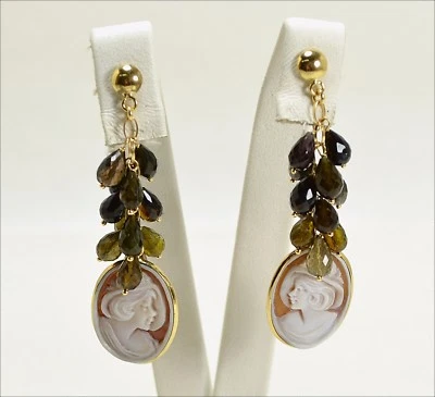 Pendientes de Oro Amarillo 18KT Con Camafeos Cara Y Turmalinas Verde Oght 0521 - Imagen 1 de 3