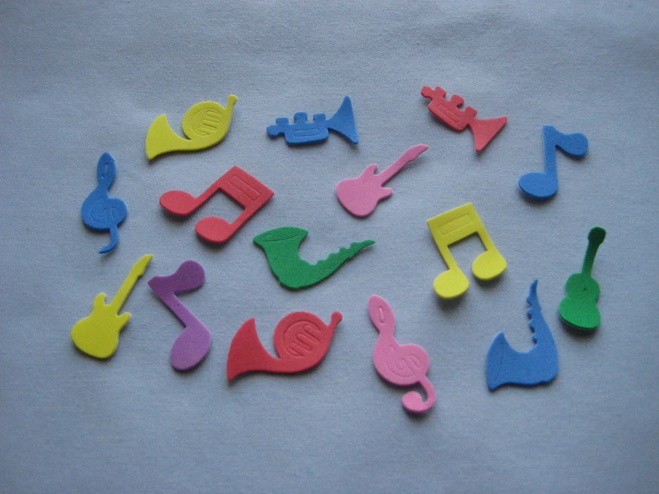 SALE!! 15 - FOAM STICKERS - MUSIC NOTES & INSTRUMENTS -  ASSORTED COLORS - NEW!! - Image 1 of 1
