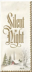 Vtg CHRISTMAS CARD 3.5x8 Silent Night in Gold Embossed - Church with Trees - Picture 1 of 3