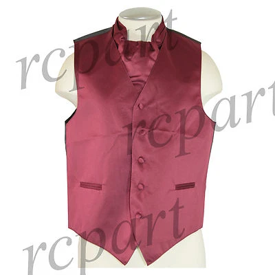 New Men's Formal Tuxedo Vest Waistcoat solid & Ascot cravat burgundy wedding - Image 1 of 4