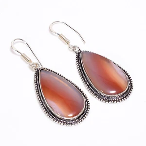 Rote Botswana Achat Vintage Handgemachte 925 Sterling Silber Ohrringe 2" ig_2377 - Bild 1 von 6