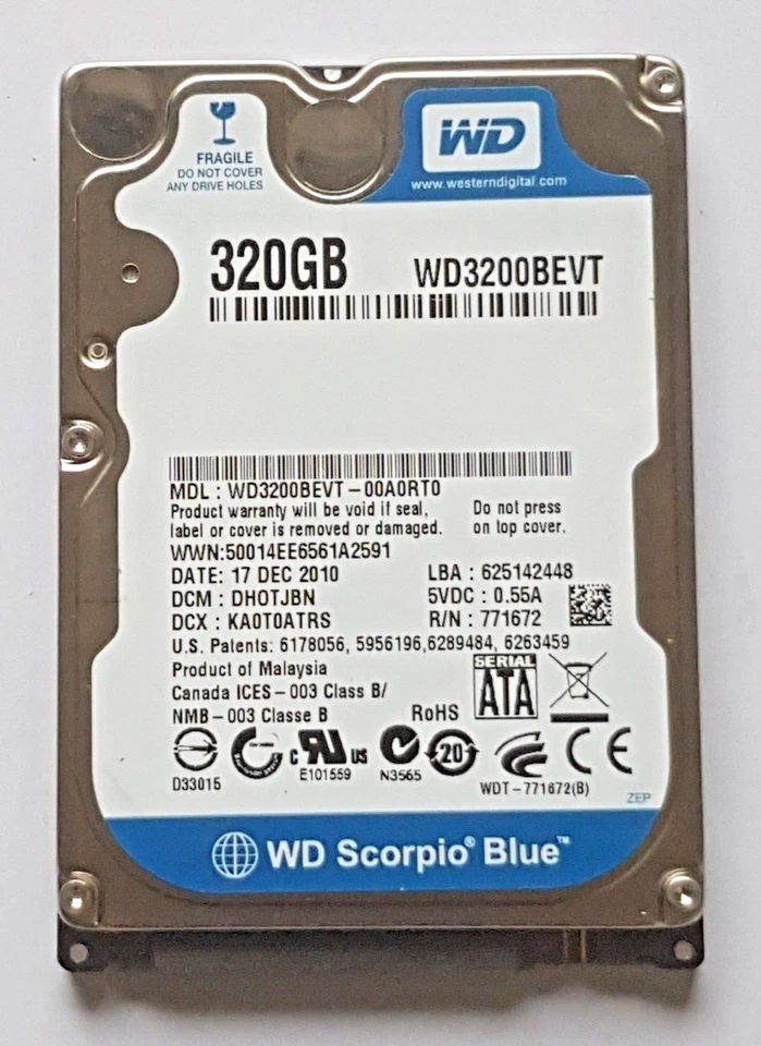 320 GB SATA Western Digital WD3200BEVT-00A0RT0 5400rpm 8MB HDD 2.5 " Hard Drive - Image 1 of 1