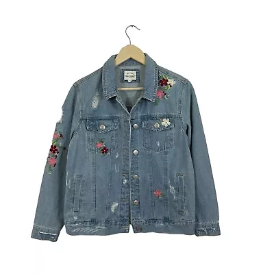 Chaqueta vaquera pequeña de mezclilla de cera Y2K bordada floral algodón envejecido para mujer Foto 1 de 4