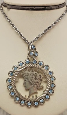 Collar Colgante Dama Libertad 1927 Vintage con Piedras Azules Cadena Cable 12" Foto 1 de 4