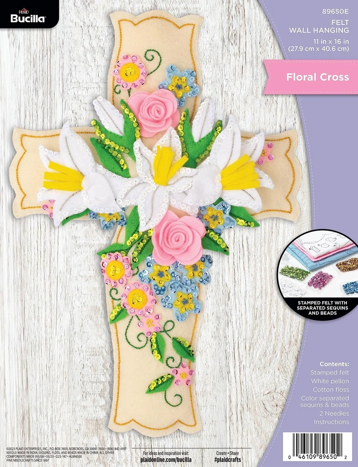 Kit colgante de pared de fieltro cruzado floral Bucilla bordado artesanal de vacaciones 11x16 Foto 1 de 4