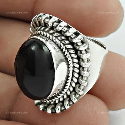 Naturale Onice Argento Sterling Cocktail Lunetta Agosto Fede Nuziale Misura 6 - Immagine 1 di 4