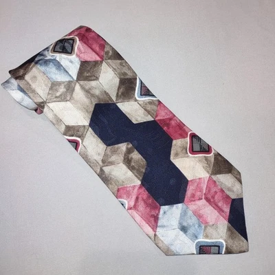 Halston 领带男式均码多色几何抽象 100% 真丝意大利制造 — 第 1/4 张图片