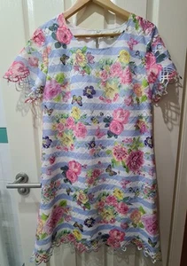 Pale Blue Stripe And Floral Short Summer Dress From Yumi Size 14 - Picture 1 of 8