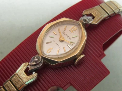 VTG 14K  Gold Ladies TOURNEAU 21 Jewels, Mechanical Wind Diamond Accents Works!! - Image 1 of 4