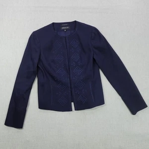 Jones New York Jacket Womens 2P Navy Blue Embroidered Linen Blend Stretch Petite - Picture 1 of 13