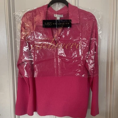 New Autograph Jumper 16 Pink 10%cashmere 90% Merino Collar V Neck Rib Knit Ply - Image 1 of 4