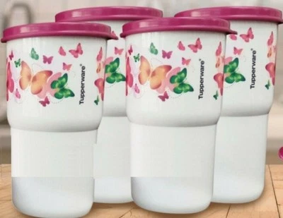  Juego de 4 vasos de mesa TUPPERWARE 12 OZ Ea con sellos herméticos líquidos MARIPOSAS Foto 1 de 3