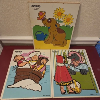 Vtg Playskool Lot Of 3 Wooden Puzzles Little Red Riding Hood, Garden & Rub-A-Dub - Image 1 of 4