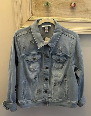 Chaqueta vaquera Lane Bryant lentejuelas estrella desgastada talla 16 lavado claro ¡NUEVA CON ETIQUETAS! Foto 1 de 4