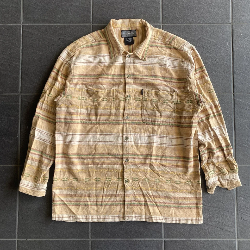 Vintage Hang Ten Striped Cotton Shirt XL Beige Multicolor Long Sleeve Made India - Image 1 of 4