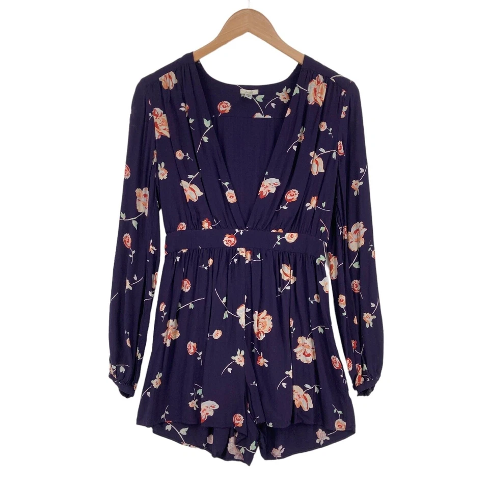 Mameluco Ecote para mujer talla 4 púrpura floral 100 % rayón profundo cuello en V cremallera lateral Foto 1 de 4