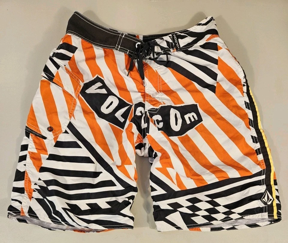 Volcom Mod Tech Boardshorts Mens Size 32 Orange Black Spellout Y2K Swim Surf - Image 1 of 4