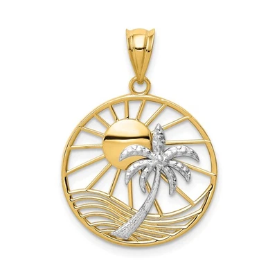14k Two-Tone Gold Palm Tree Wave Sun Pendant Tropical Beach Vacation Jewelry - Image 1 of 4