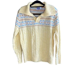 Vintage Yellow Fair Isle Nordic Henley Sweater Unisex Amana 100% Wintuk - Picture 1 of 11