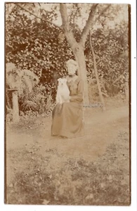 White DOG RPPC Older Woman YARD Garden SITTING Vintage Real Photo Postcard OLD - Picture 1 of 2
