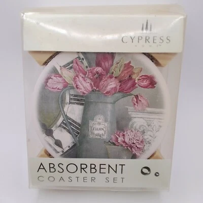 Juego de 4 posavasos absorbentes de piedra de ciprés para el hogar con flores de tulipanes de carrito Nuevo de Lote Antiguo Foto 1 de 4