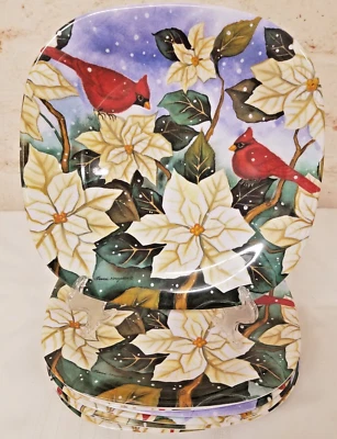 8 Platos de Melamina Merritt Pájaros Cardenales Blanco Flor de Pascua 10" Navidad Foto 1 de 4