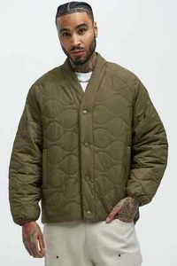 Men’s Fashion Nova Good Luck Quilted Puffer Jacket Size L  Green 3 Button Close - Picture 1 of 6