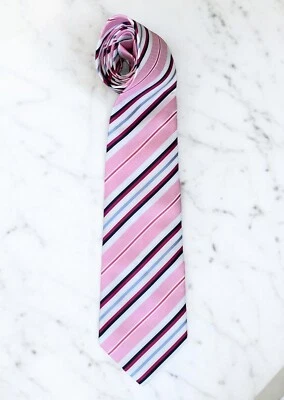 Corbata de Seda Giorgio Armani Italia Rosa Blanco Azul Rayas Clásica Hecha a Mano Foto 1 de 4