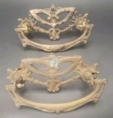 Par de tiradores de cajón antiguos de bronce de 4-1/4"x2-1/2" victorianos recuperados L 189 Foto 1 de 4