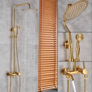 Cabezal de ducha delgado de lluvia dorado de 8" + kits de unidad de boquilla de agua de pulverización de mano montaje en pared - Imagen 1 de 10